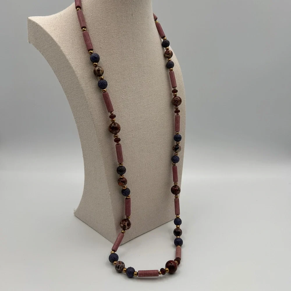 Boho Beaded Necklace Mauve‎ Jasper Lava Rock Gold Tone Barrel Clasp 28